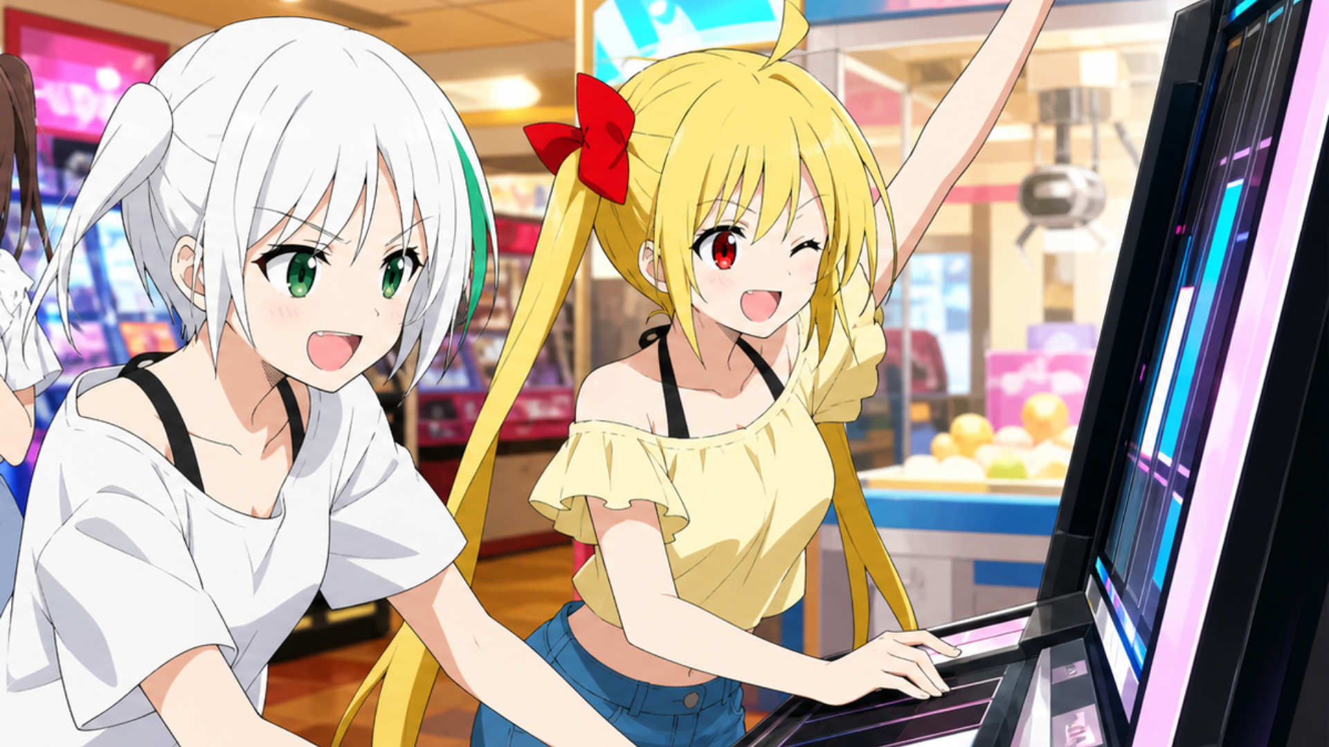 ゲームセンターでゲームを楽しむキャラクター