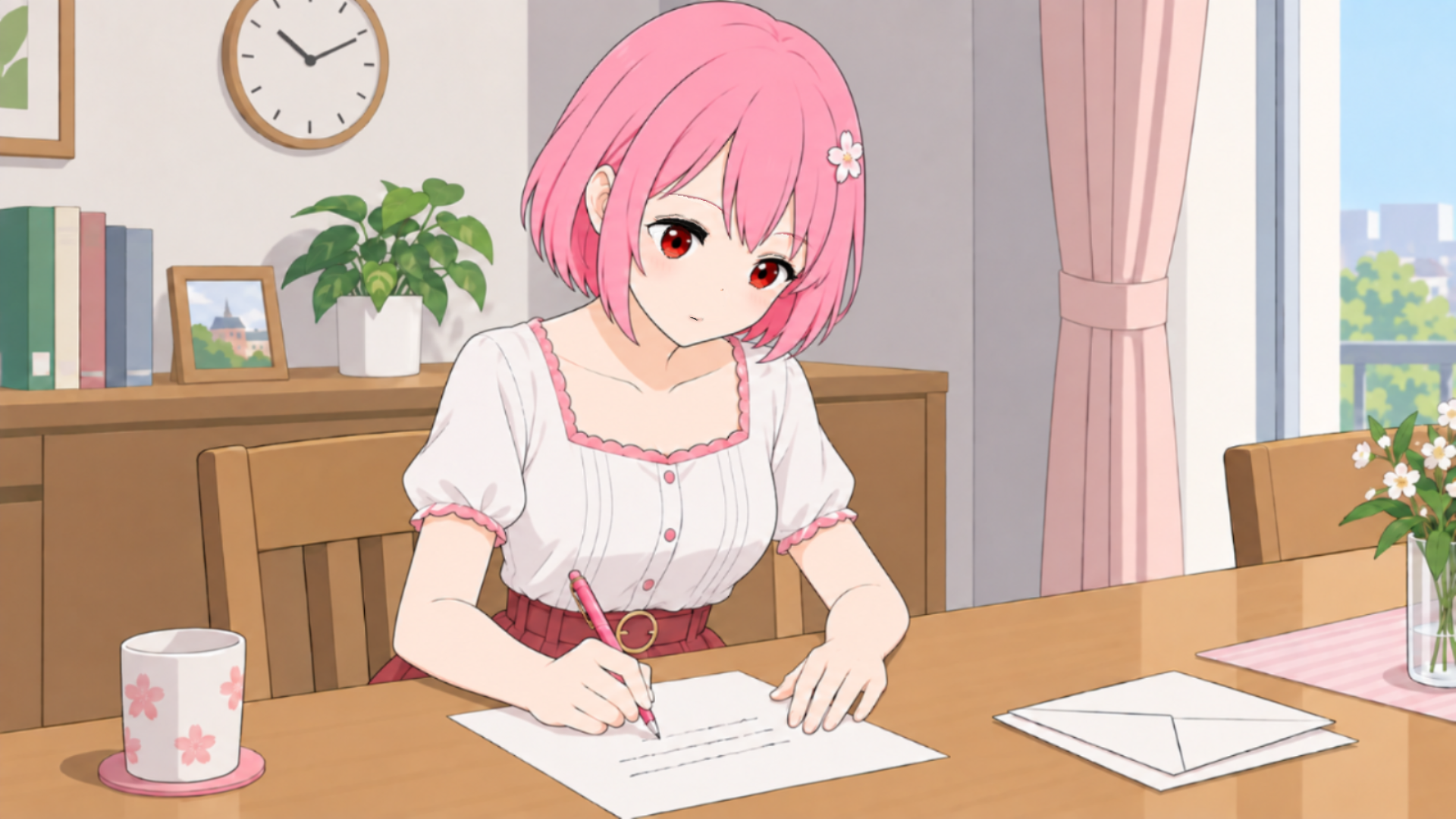 机で文章を書くさくら