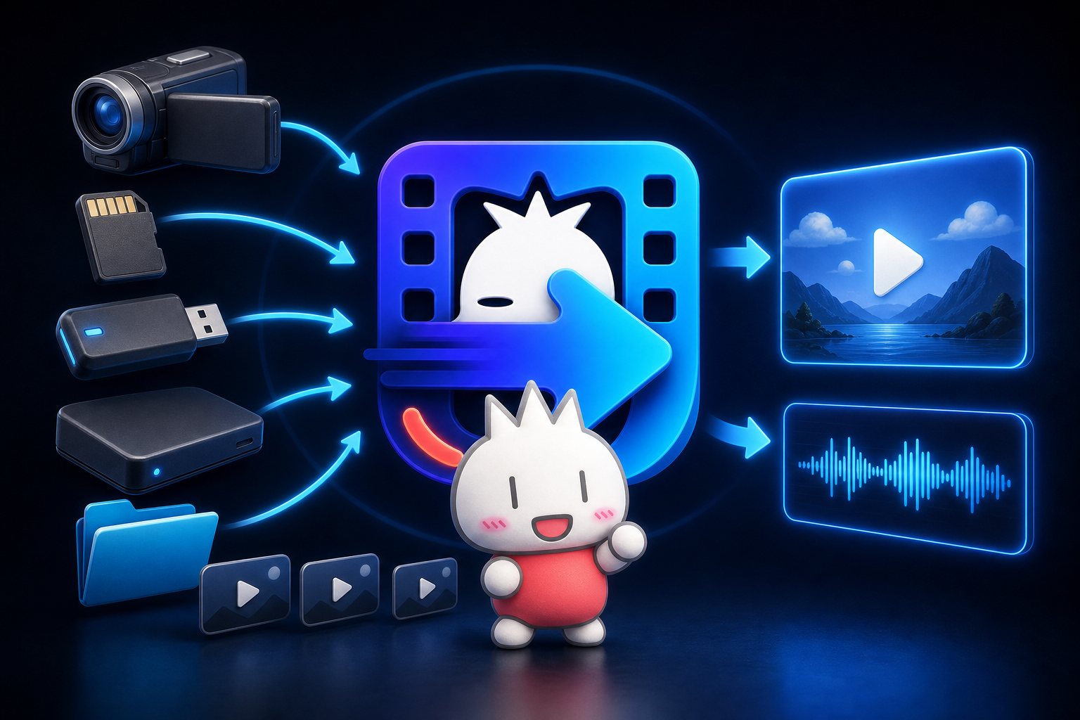 各種の動画・記録メディアから動画と音声を出力するイメージ