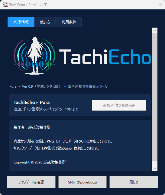 追加アドオン登録後のアプリ情報画面