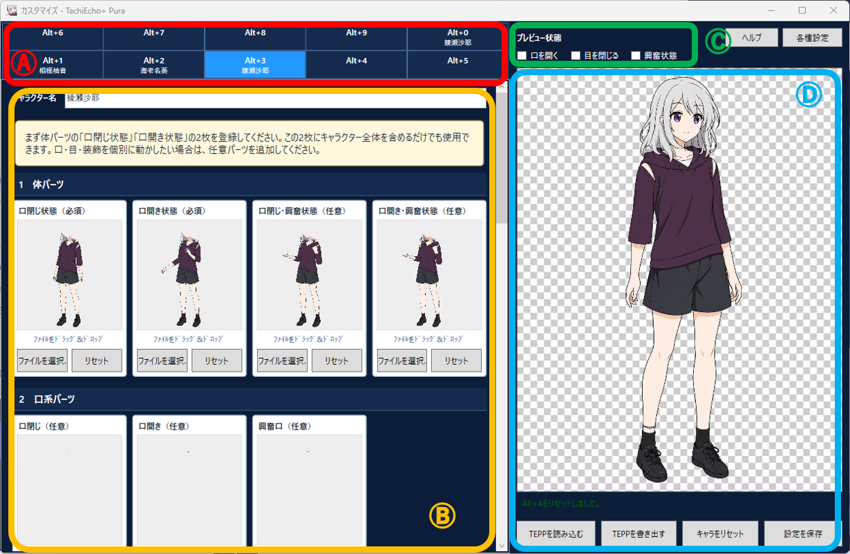 AからDの4領域に分けた画面